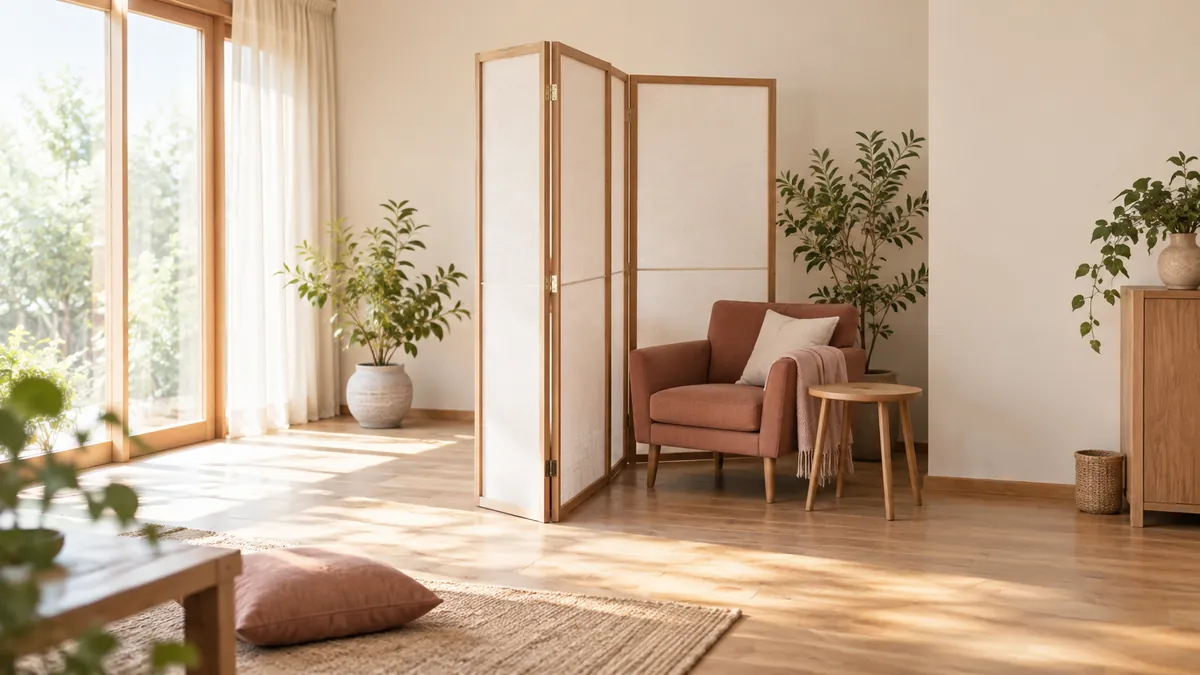 明るい部屋の一角で、無地の衝立が一人掛けの椅子と小さなテーブルを半分隠している