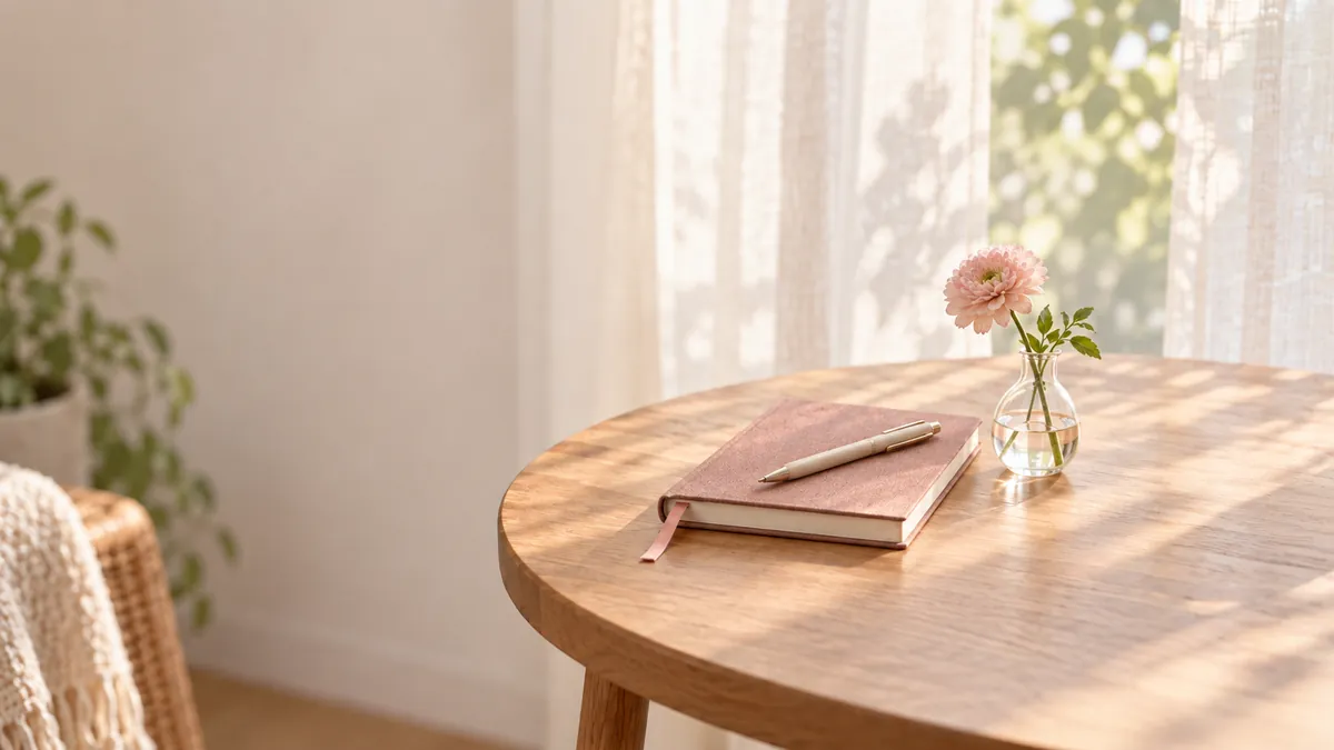 窓辺の丸いテーブルに、ペンをのせた閉じたノートと、一輪挿しのピンクの花が置かれている