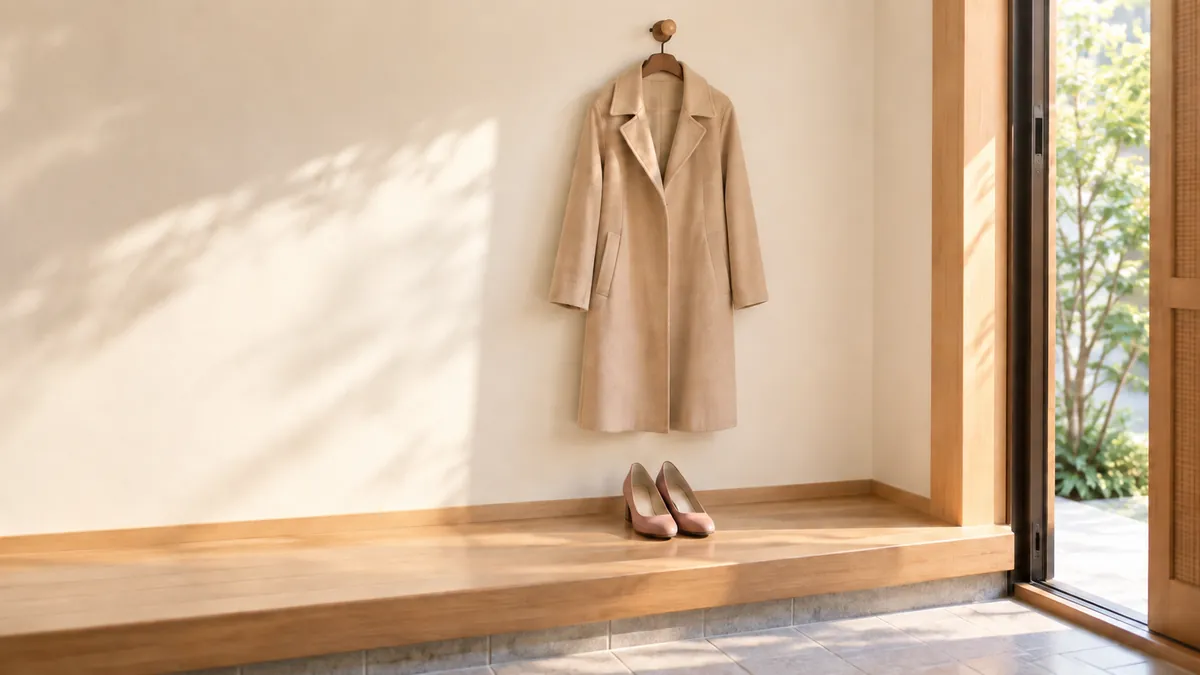 玄関の壁のフックに掛けたベージュのコートと、上がり框にそろえて置いたパンプス