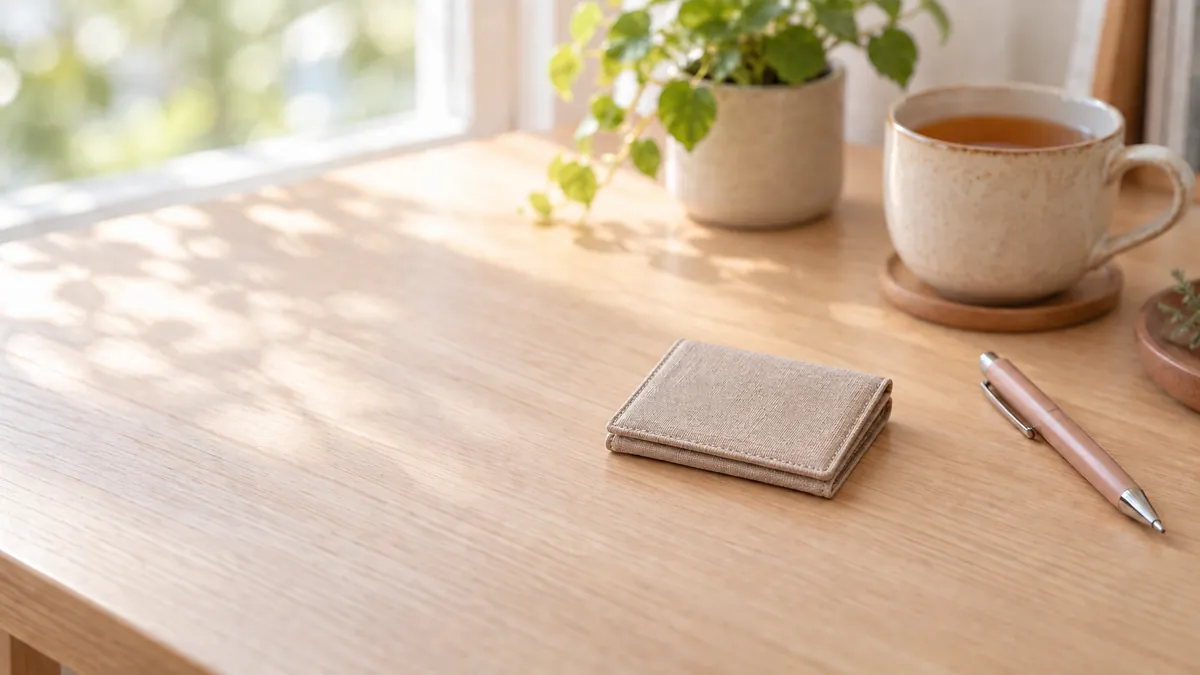 窓際の木の机に、閉じたベージュのカードケースとペン、観葉植物、紅茶のカップが置かれている